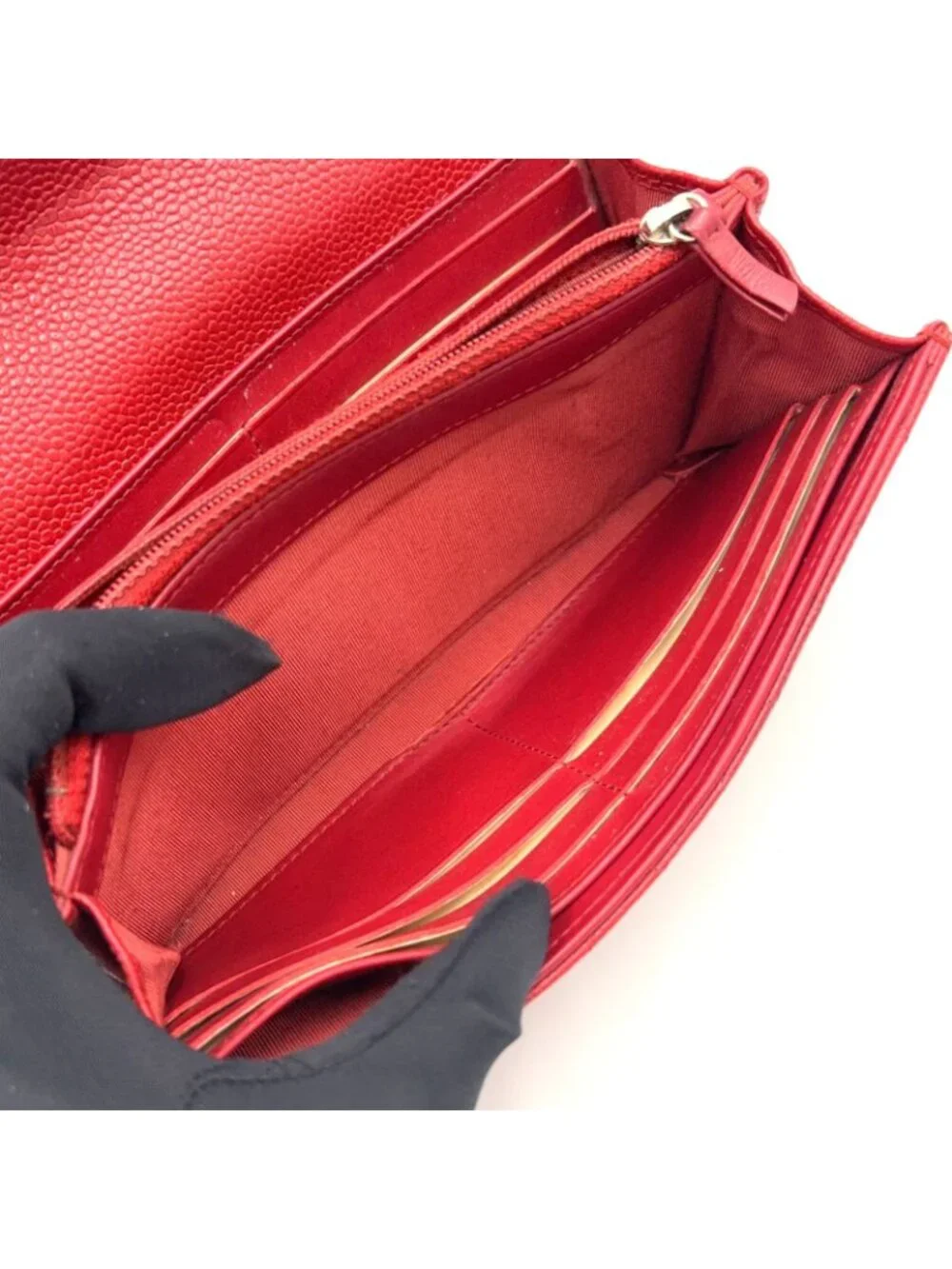 Chanel Quilted Caviar Leather Red Wallet Silver